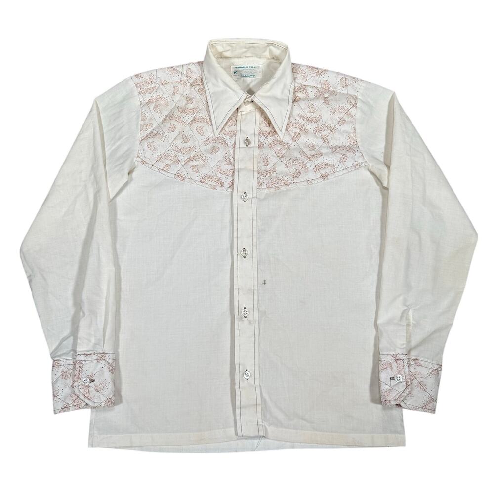 Vintage 70s Permanent Press Western Shirt Quilted Paisley Yoke White Long Sleeve